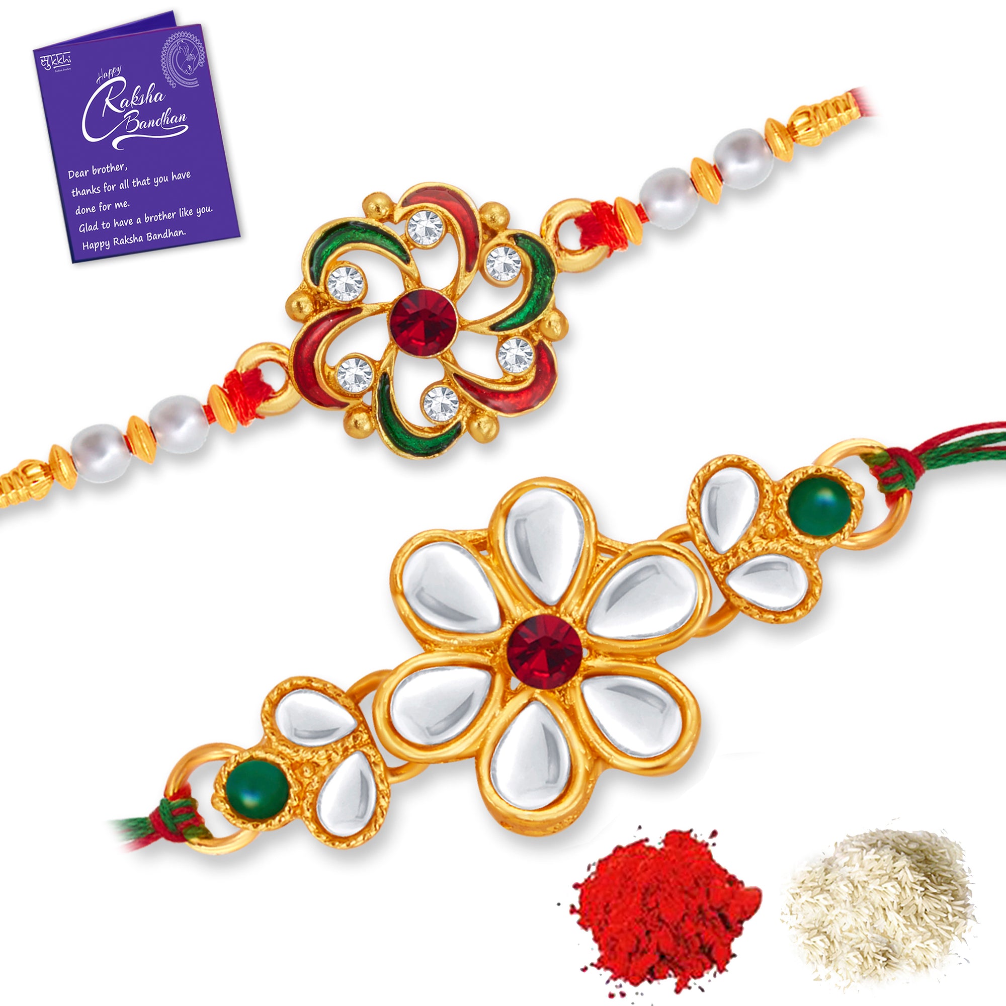 Sukkhi Lovely Gold Plated Floral Meenakari Rakhi Combo (Set of 2) with Roli Chawal and Raksha Bandhan Greeting Card For Men