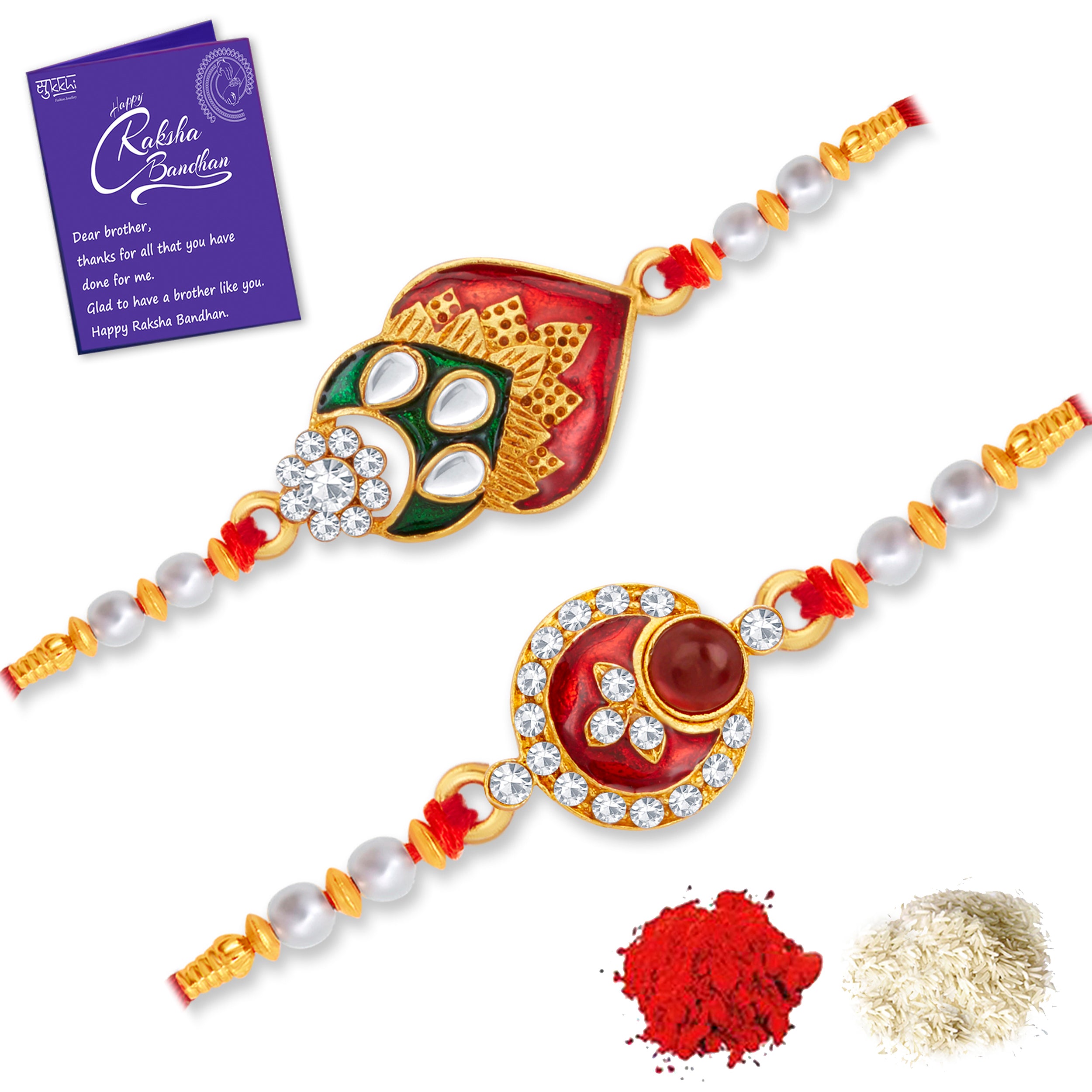 Sukkhi Elegant Gold Plated Meenakari Rakhi Combo (Set of 2) with Roli Chawal and Raksha Bandhan Greeting Card For Men