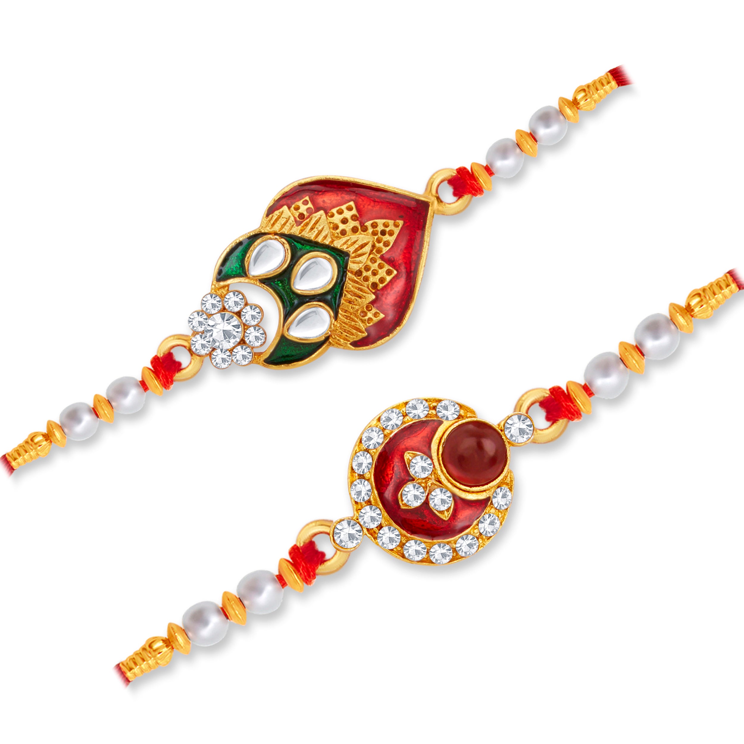 Sukkhi Elegant Gold Plated Meenakari Rakhi Combo (Set of 2) with Roli Chawal and Raksha Bandhan Greeting Card For Men