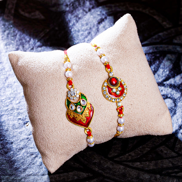 Sukkhi Elegant Gold Plated Meenakari Rakhi Combo (Set of 2) with Roli ...