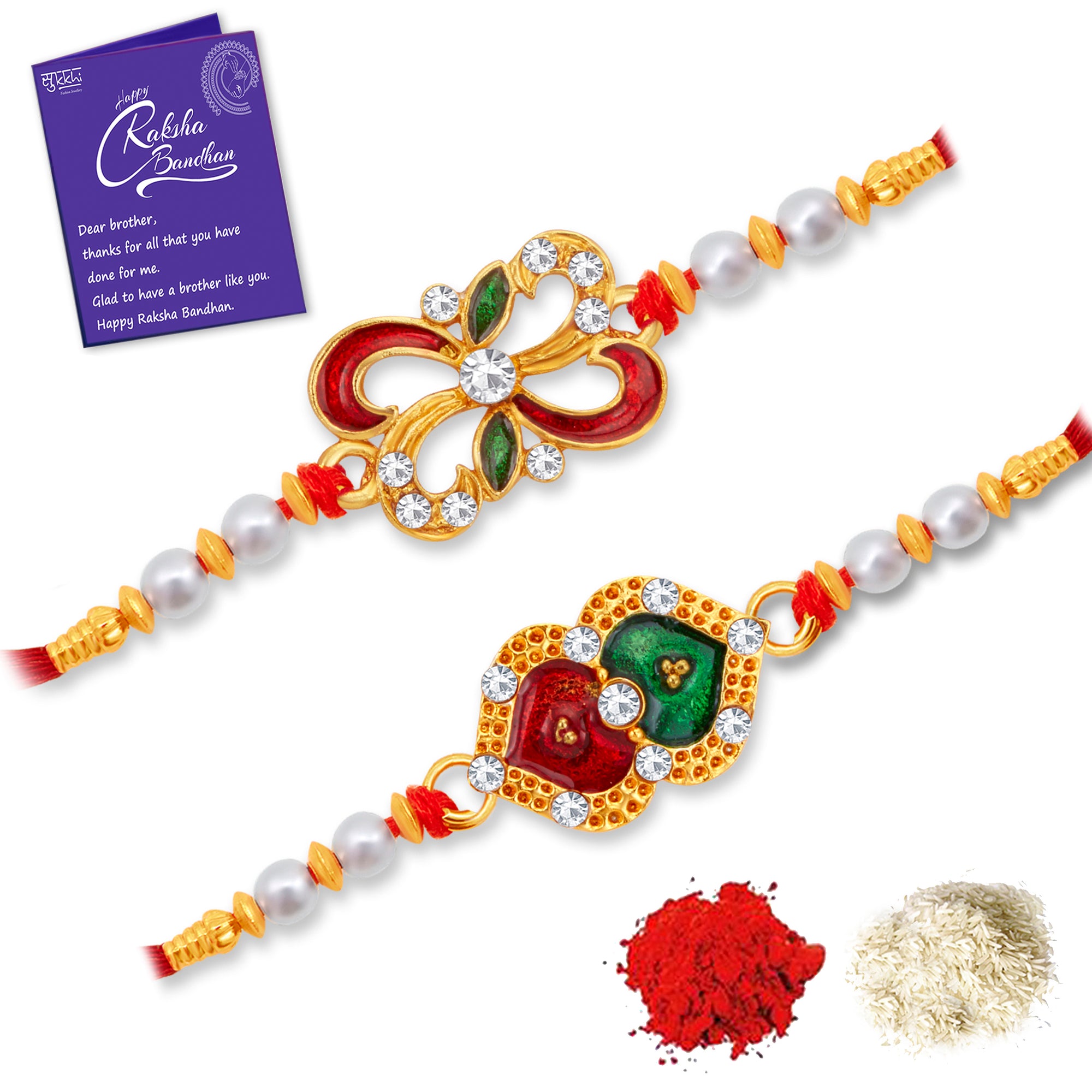 Sukkhi Splendid Gold Plated Meenakari Rakhi Combo (Set of 2) with Roli Chawal and Raksha Bandhan Greeting Card For Men