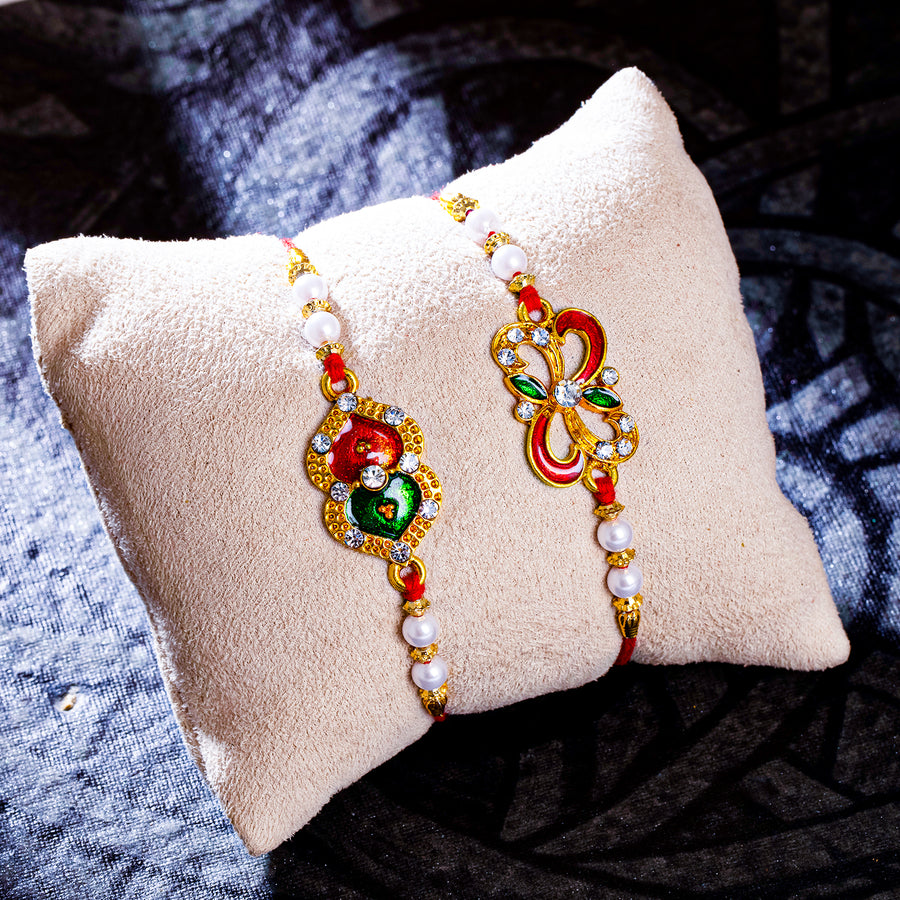 Sukkhi Splendid Gold Plated Meenakari Rakhi Combo (Set of 2) with Roli Chawal and Raksha Bandhan Greeting Card For Men