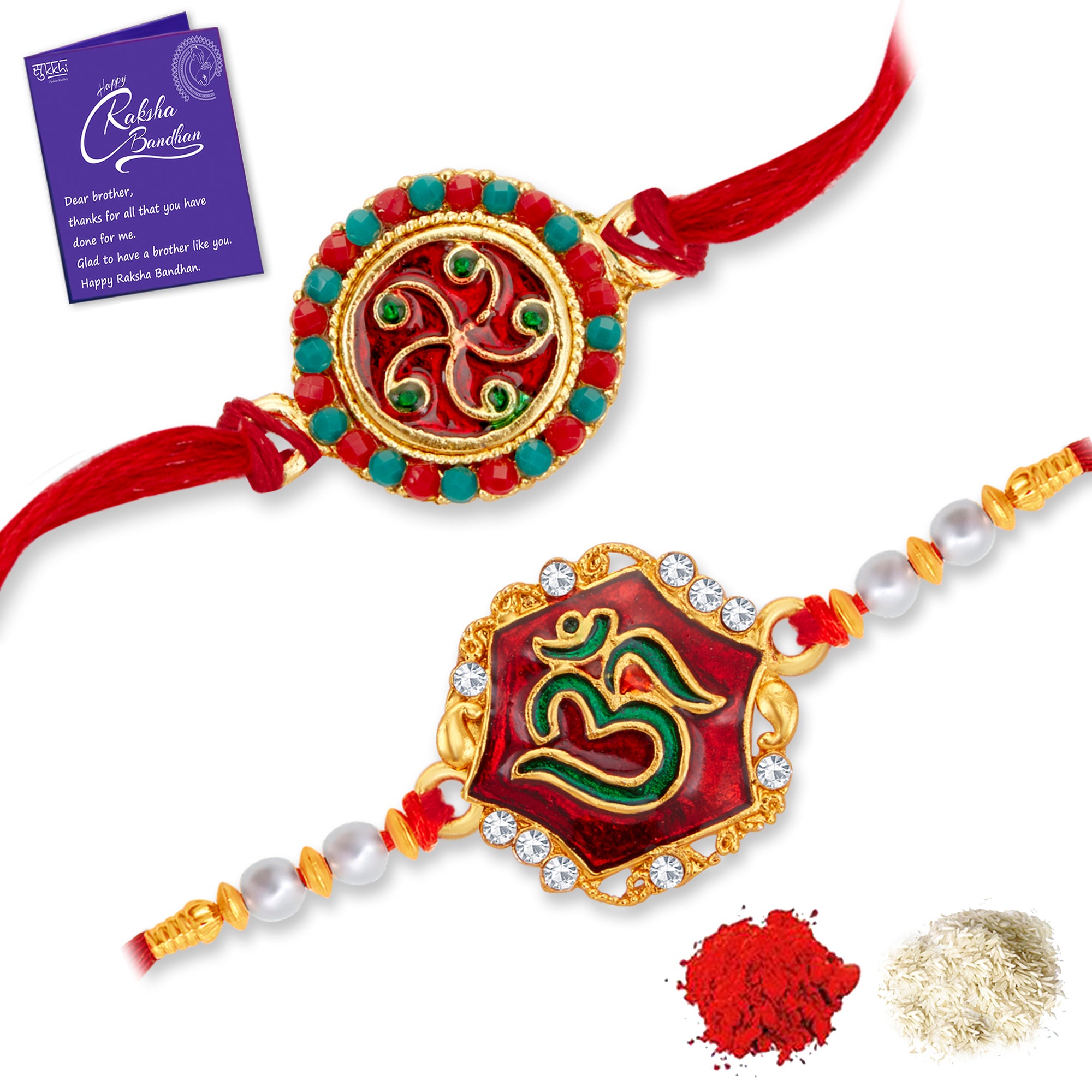 Sukkhi Ethnic Gold Plated OM Meenakari Rakhi Combo (Set of 2) with Roli Chawal and Raksha Bandhan Greeting Card For Men