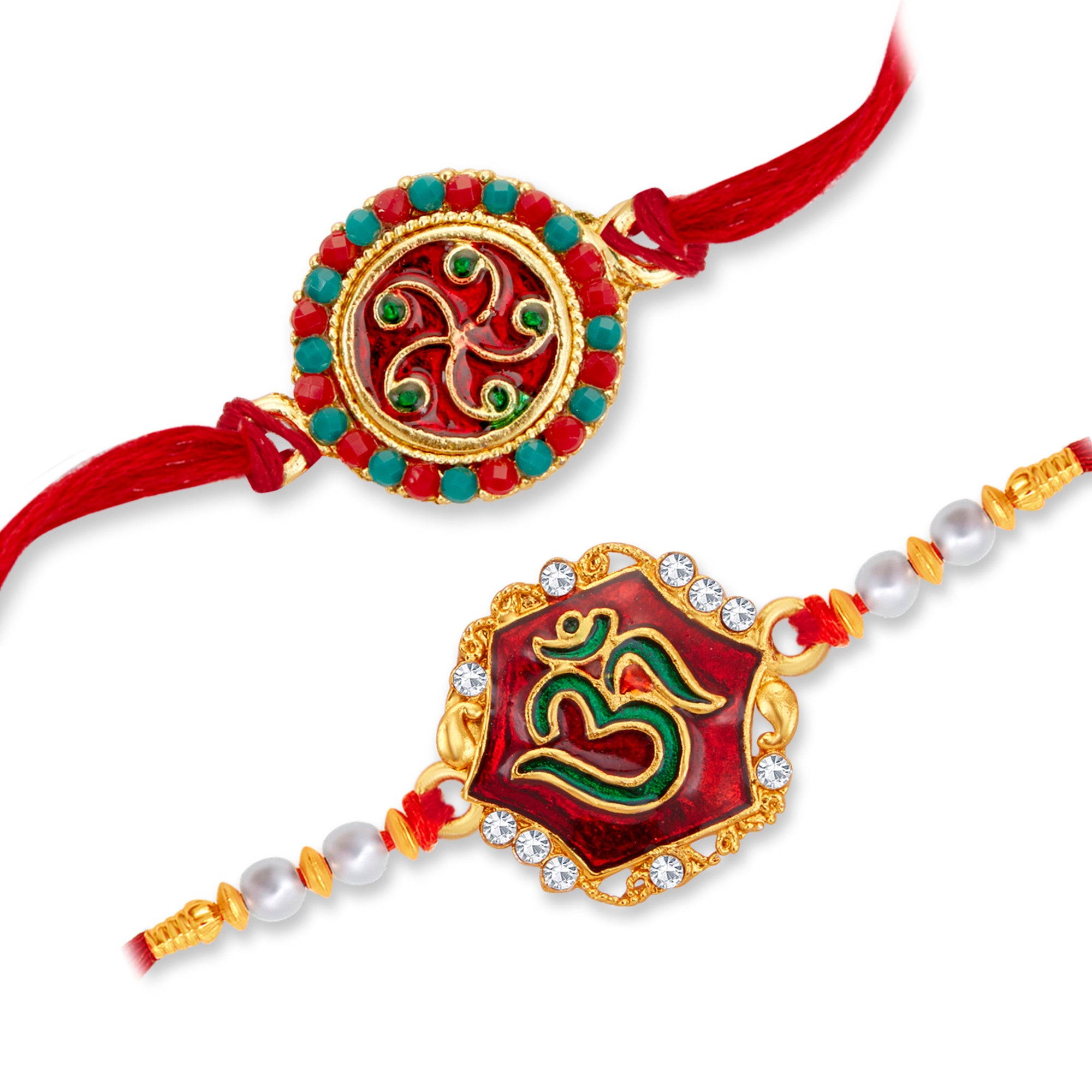 Sukkhi Ethnic Gold Plated OM Meenakari Rakhi Combo (Set of 2) with Roli Chawal and Raksha Bandhan Greeting Card For Men