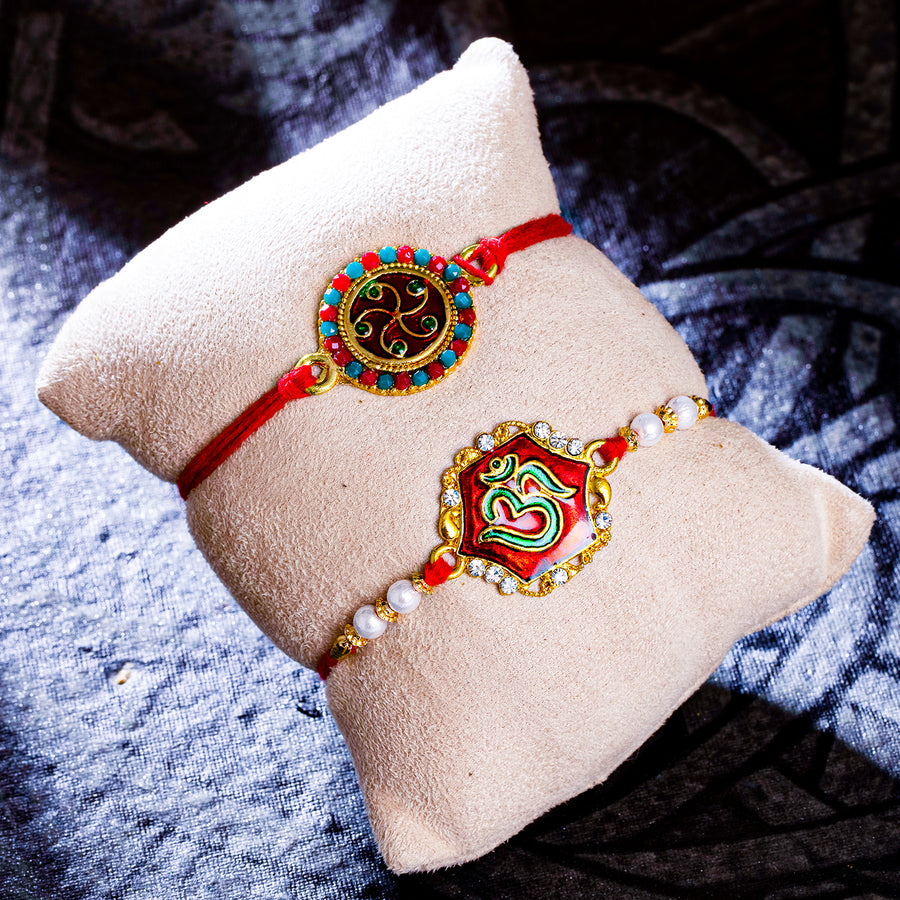 Sukkhi Ethnic Gold Plated OM Meenakari Rakhi Combo (Set of 2) with Roli Chawal and Raksha Bandhan Greeting Card For Men