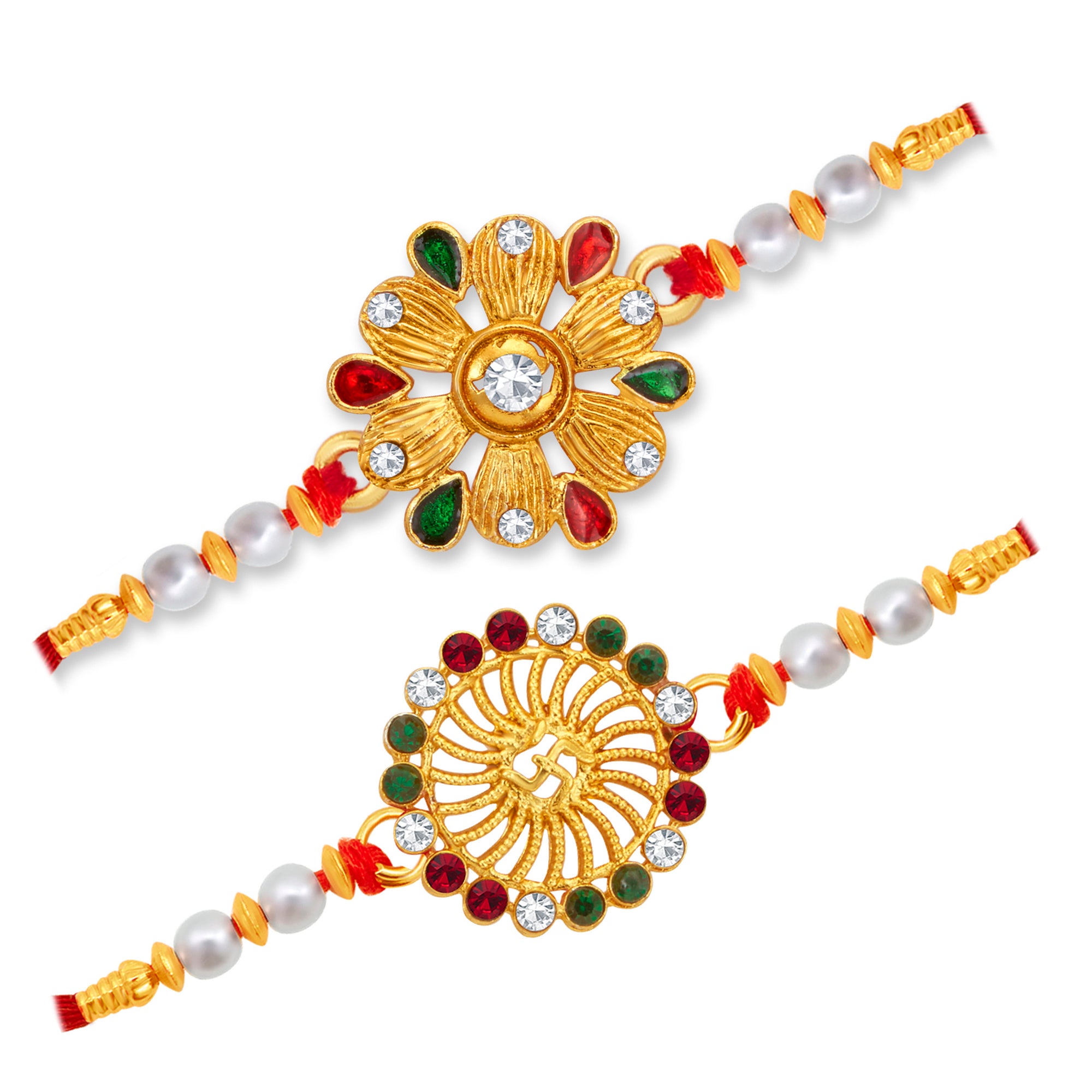 Sukkhi Incrediable Gold Plated Floral Rakhi Combo (Set of 2) with Roli Chawal and Raksha Bandhan Greeting Card For Men