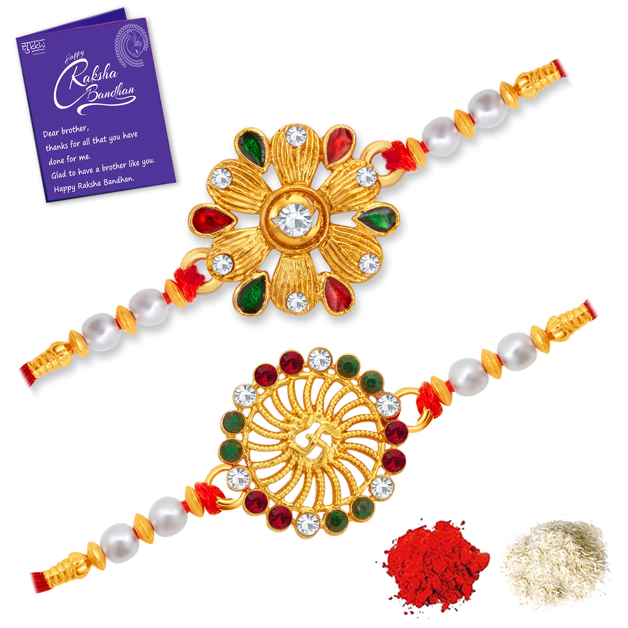 Sukkhi Incrediable Gold Plated Floral Rakhi Combo (Set of 2) with Roli Chawal and Raksha Bandhan Greeting Card For Men