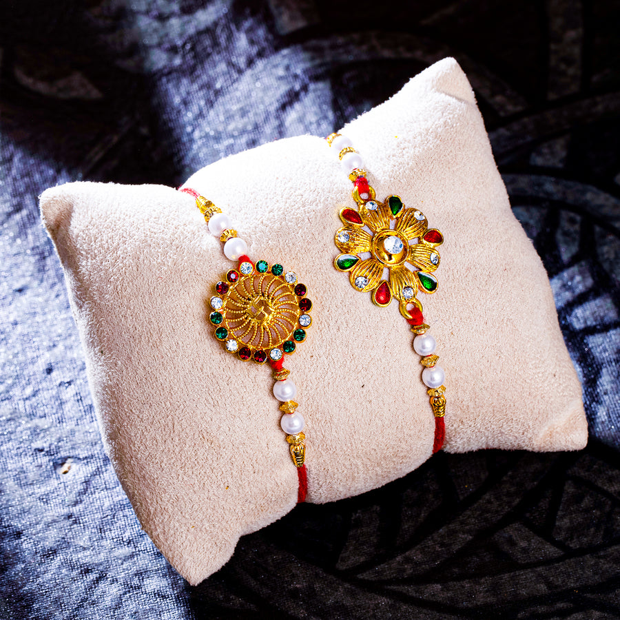 Sukkhi Incrediable Gold Plated Floral Rakhi Combo (Set of 2) with Roli Chawal and Raksha Bandhan Greeting Card For Men