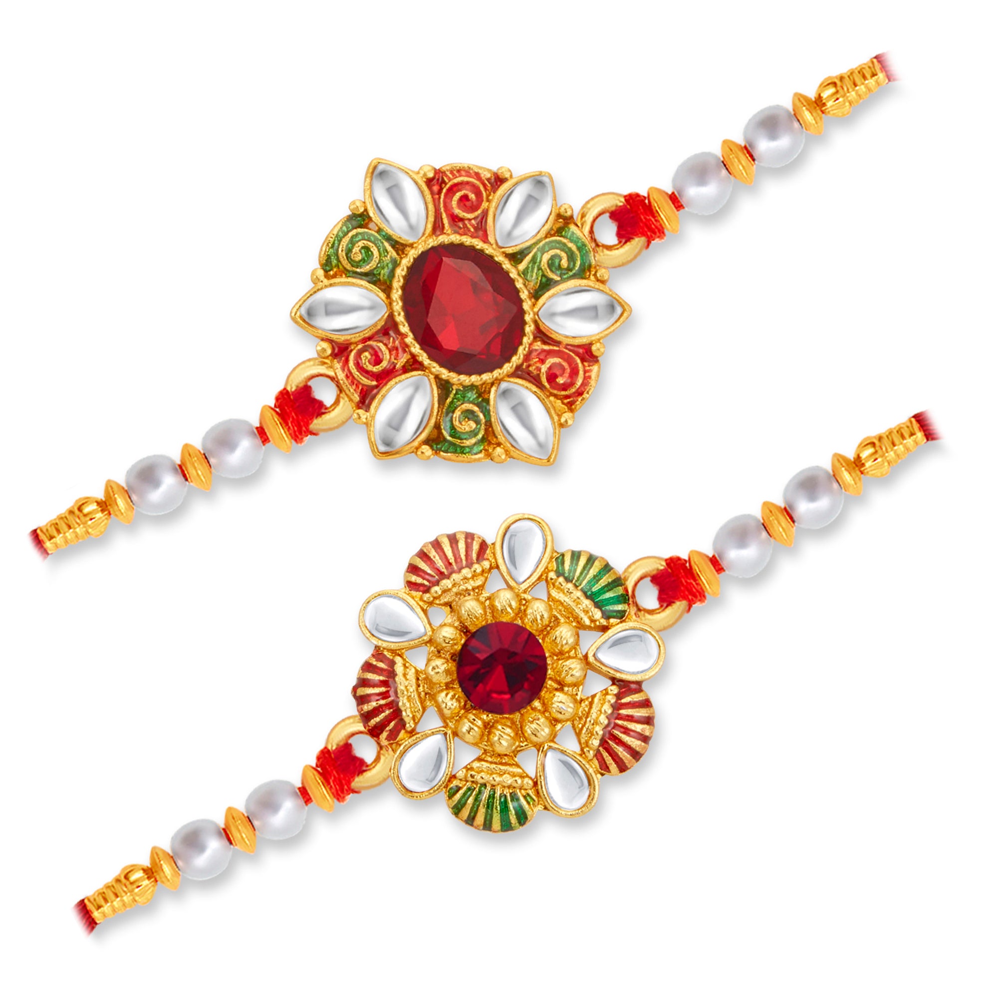 Sukkhi Delightful Gold Plated Floral Kundan Meenakari Rakhi Combo (Set of 2) with Roli Chawal and Raksha Bandhan Greeting Card For Men