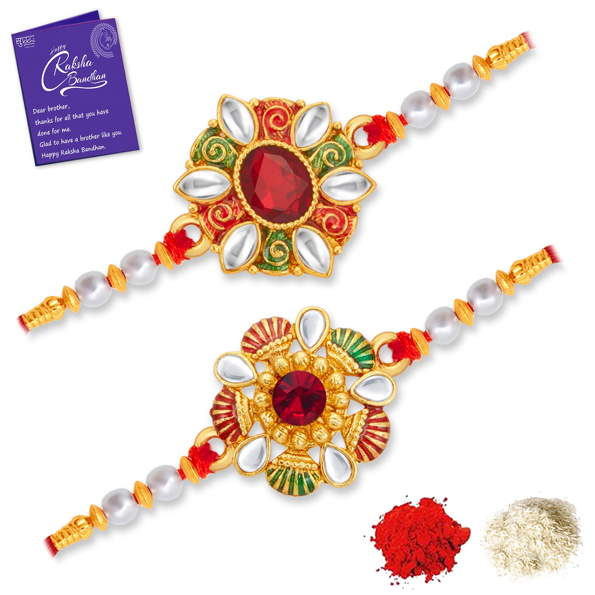 Sukkhi Delightful Gold Plated Floral Kundan Meenakari Rakhi Combo (Set of 2) with Roli Chawal and Raksha Bandhan Greeting Card For Men