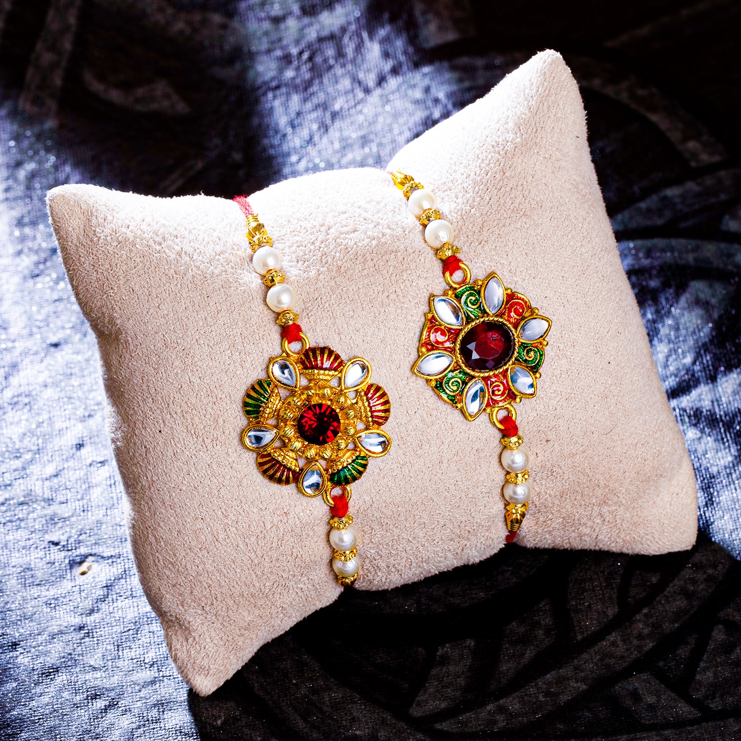 Sukkhi Delightful Gold Plated Floral Kundan Meenakari Rakhi Combo (Set of 2) with Roli Chawal and Raksha Bandhan Greeting Card For Men