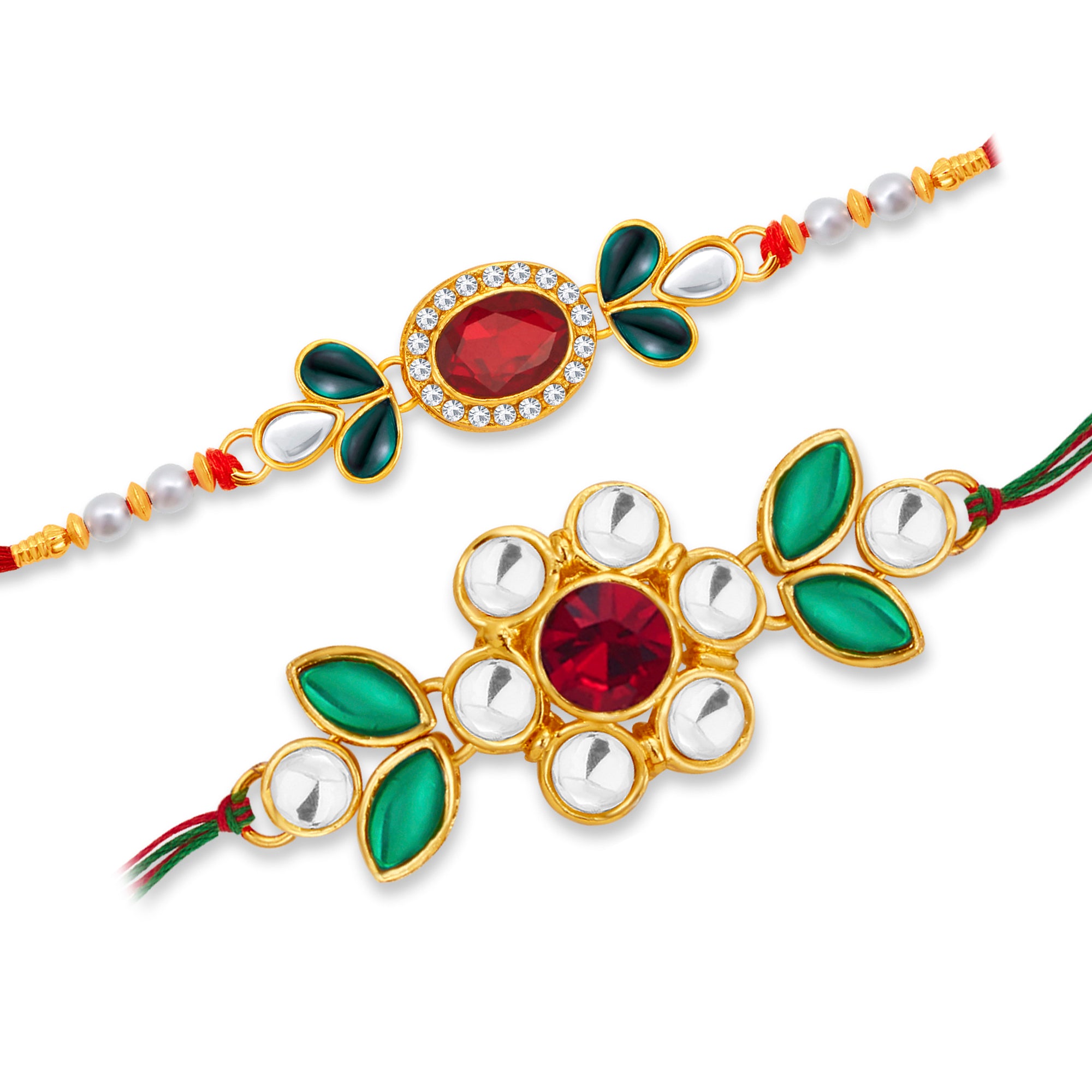 Sukkhi Beautiful Gold Plated Floral Kundan Rakhi Combo (Set of 2) with Roli Chawal and Raksha Bandhan Greeting Card For Men