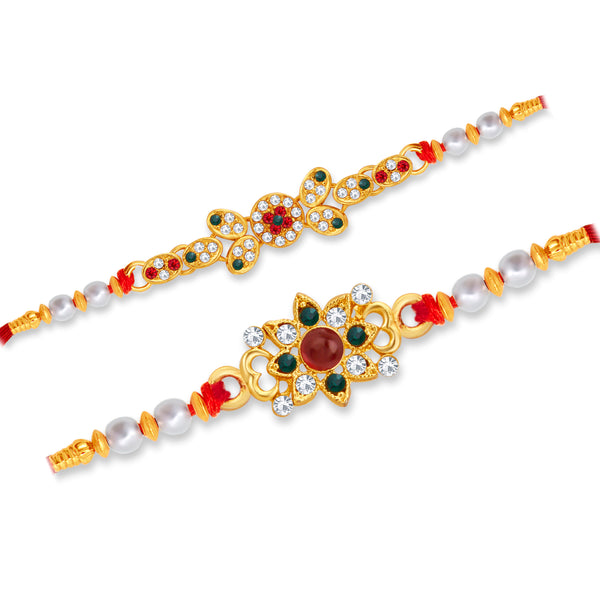 Round Rakhi Gold Sukkhi Spectacular Gold Plated Rakhi Combo (Set of 2) with Roli Chawal ...