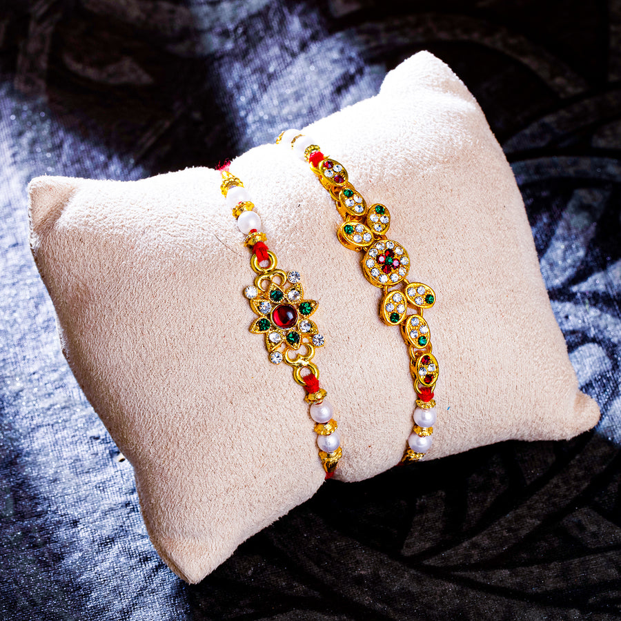 Sukkhi Spectacular Gold Plated Rakhi Combo (Set of 2) with Roli Chawal and Raksha Bandhan Greeting Card For Men