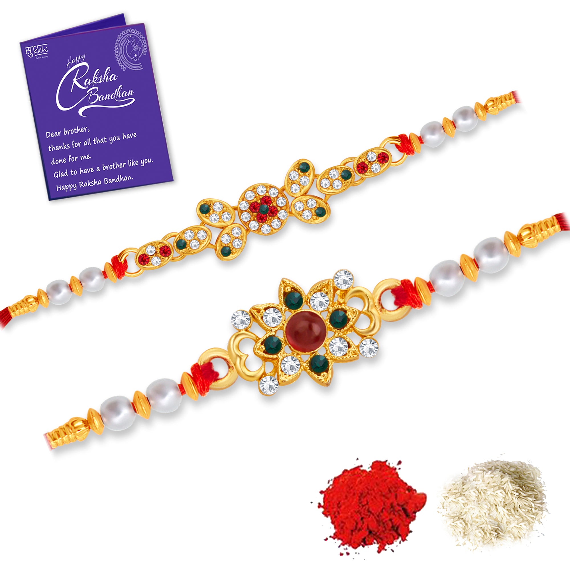 Sukkhi Spectacular Gold Plated Rakhi Combo (Set of 2) with Roli Chawal and Raksha Bandhan Greeting Card For Men