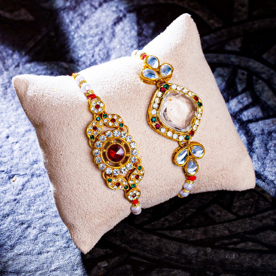 Sukkhi Incrediable Gold Plated Rakhi Combo (Set of 2) with Roli Chawal and Raksha Bandhan Greeting Card For Men