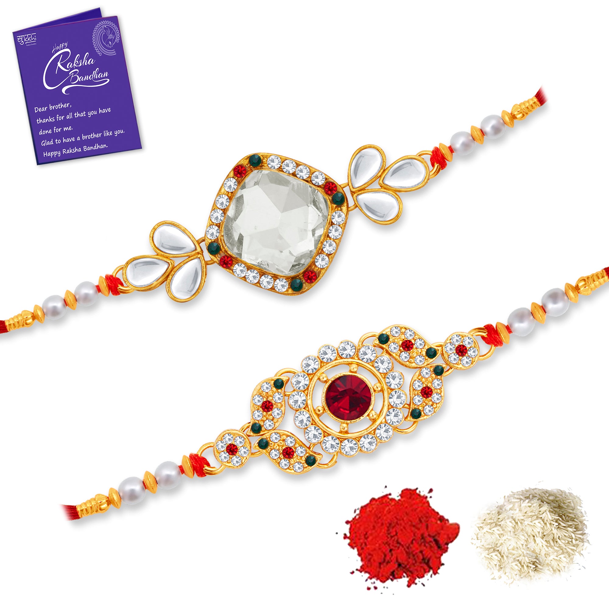 Sukkhi Incrediable Gold Plated Rakhi Combo (Set of 2) with Roli Chawal and Raksha Bandhan Greeting Card For Men