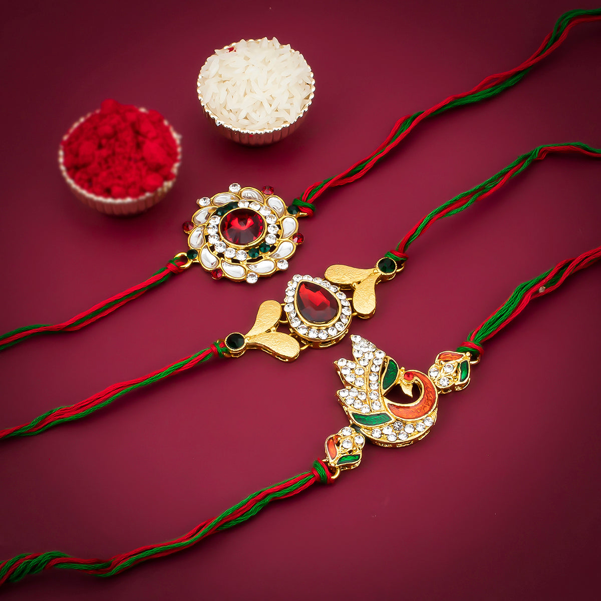 Sukkhi Ethnic Gold Plated Peacock Meenakari Rakhi Combo (Set of 3) with Roli Chawal and Raksha Bandhan Greeting Card For Men