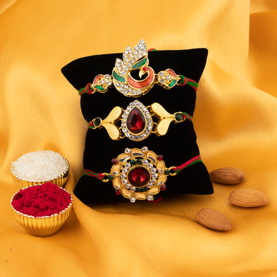 Sukkhi Ethnic Gold Plated Peacock Meenakari Rakhi Combo (Set of 3) with Roli Chawal and Raksha Bandhan Greeting Card For Men