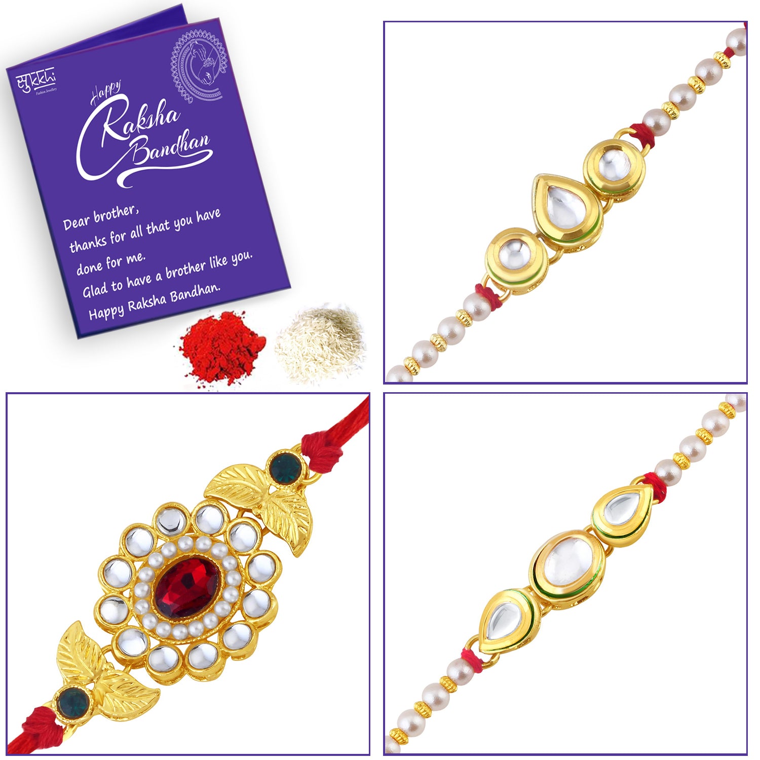 Sukkhi Floral Gold Plated Kundan and Pearl Rakhi Combo (Set of 3) with Roli Chawal and Raksha Bandhan Greeting Card For Men