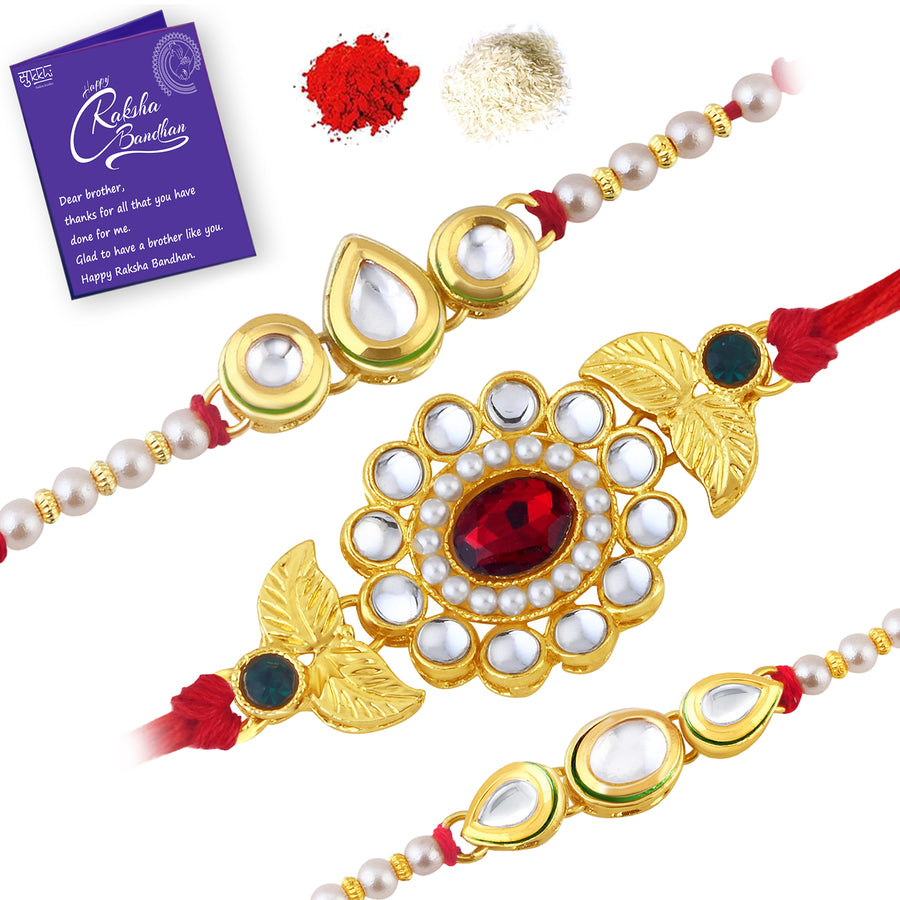 Sukkhi Floral Gold Plated Kundan and Pearl Rakhi Combo (Set of 3) with Roli Chawal and Raksha Bandhan Greeting Card For Men