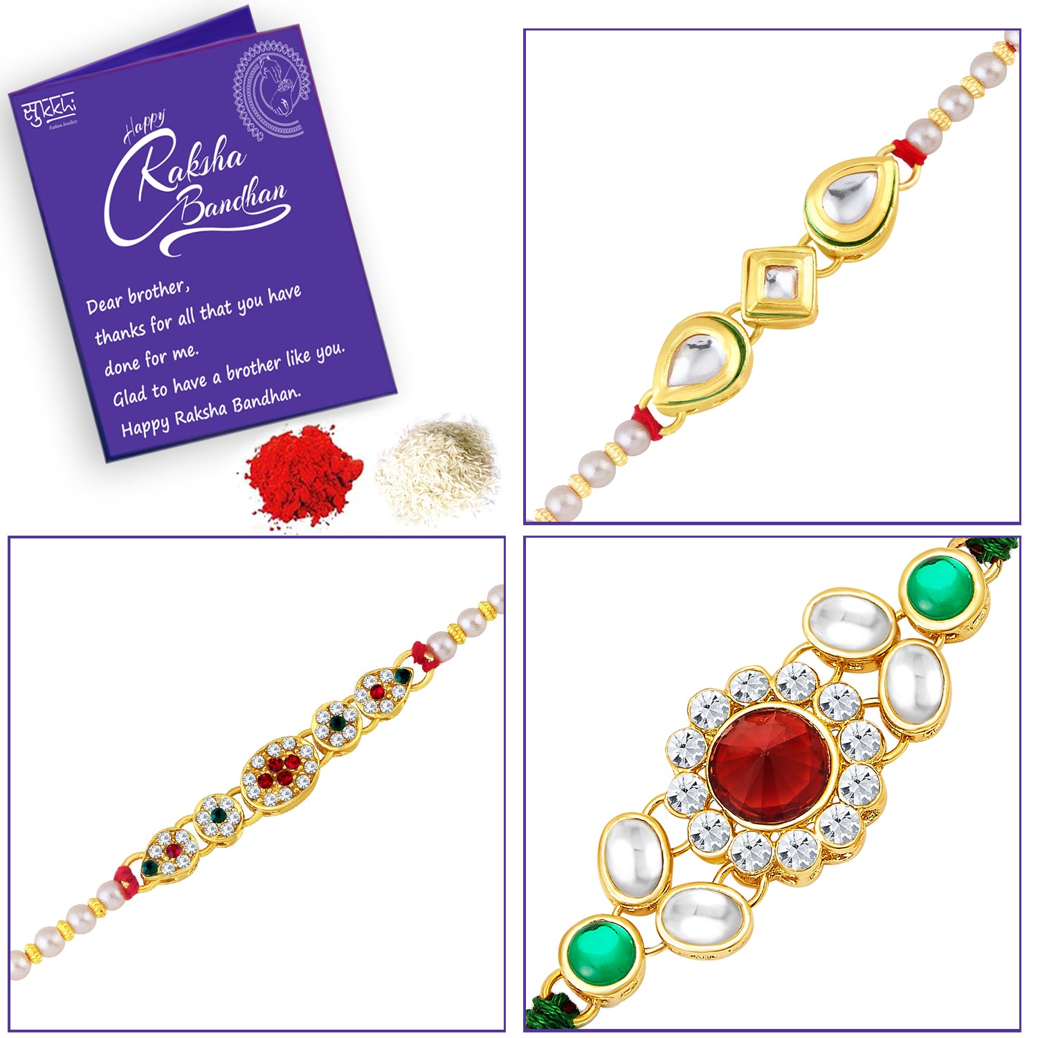 Sukkhi Delicate Gold Plated Kundan Rakhi Combo (Set of 3) with Roli Chawal and Raksha Bandhan Greeting Card For Men