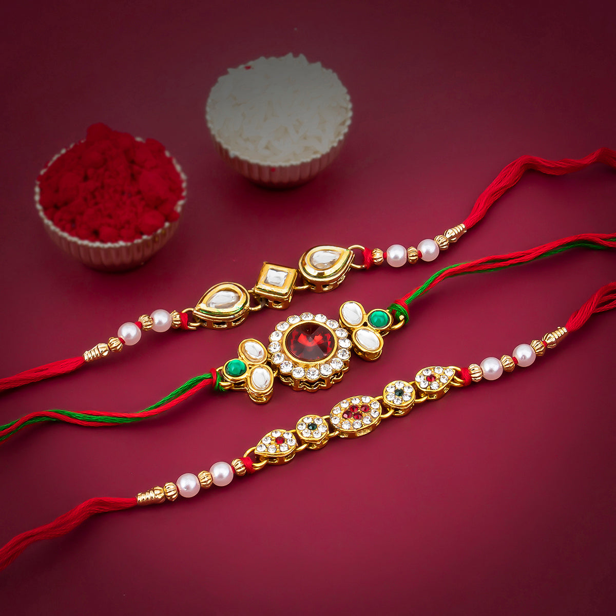 Sukkhi Delicate Gold Plated Kundan Rakhi Combo (Set of 3) with Roli Chawal and Raksha Bandhan Greeting Card For Men