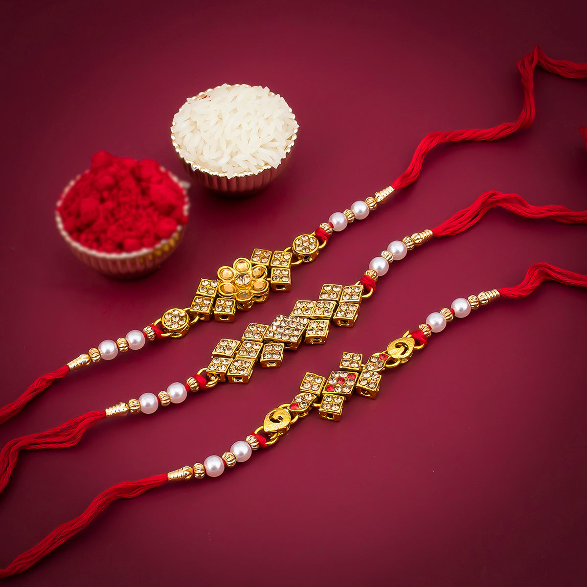 Sukkhi Awesome Gold Plated LCT Stone Rakhi Combo (Set of 3) with Roli Chawal and Raksha Bandhan Greeting Card For Men