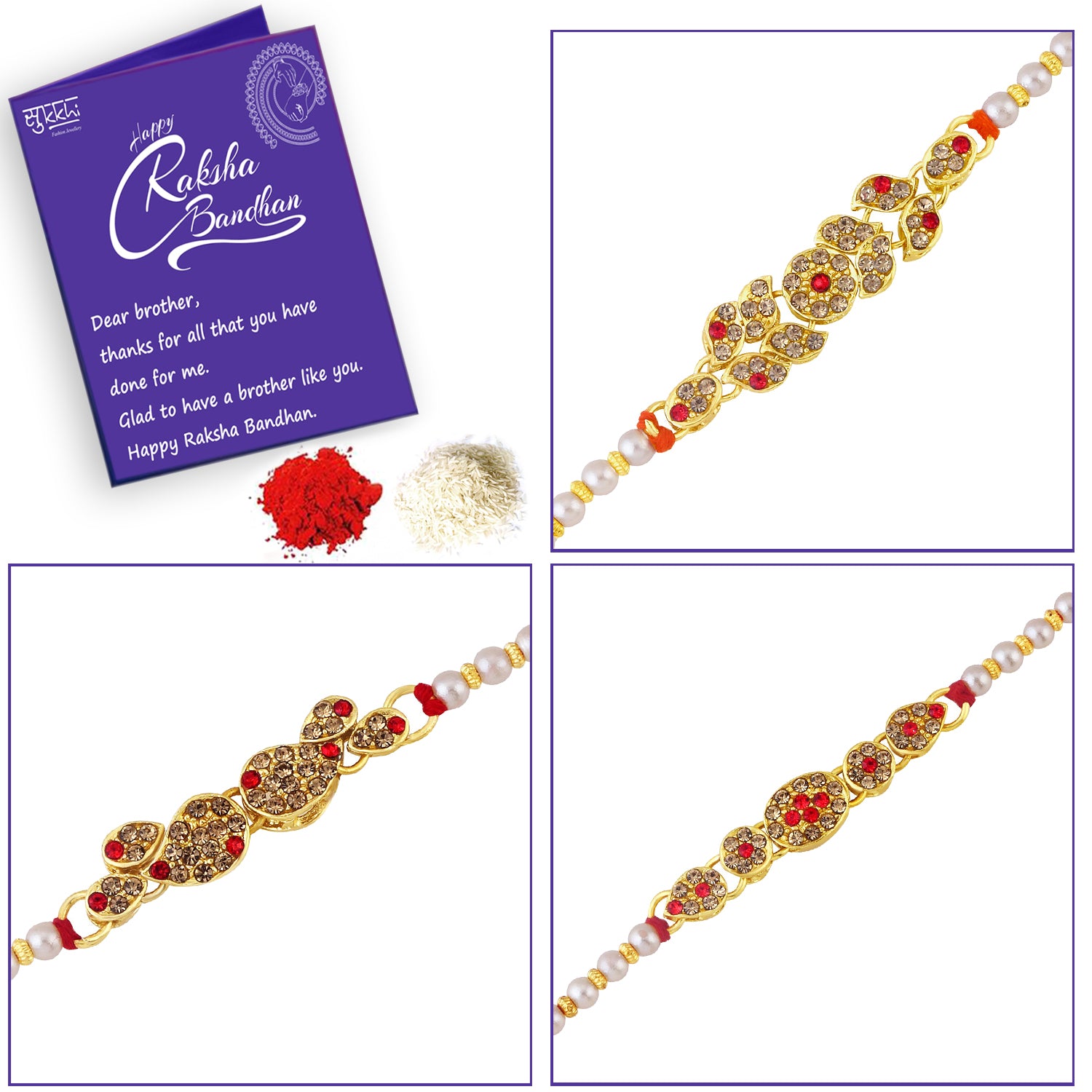 Sukkhi Spectacular Gold Plated LCT Stone Rakhi Combo (Set of 3) with Roli Chawal and Raksha Bandhan Greeting Card For Men