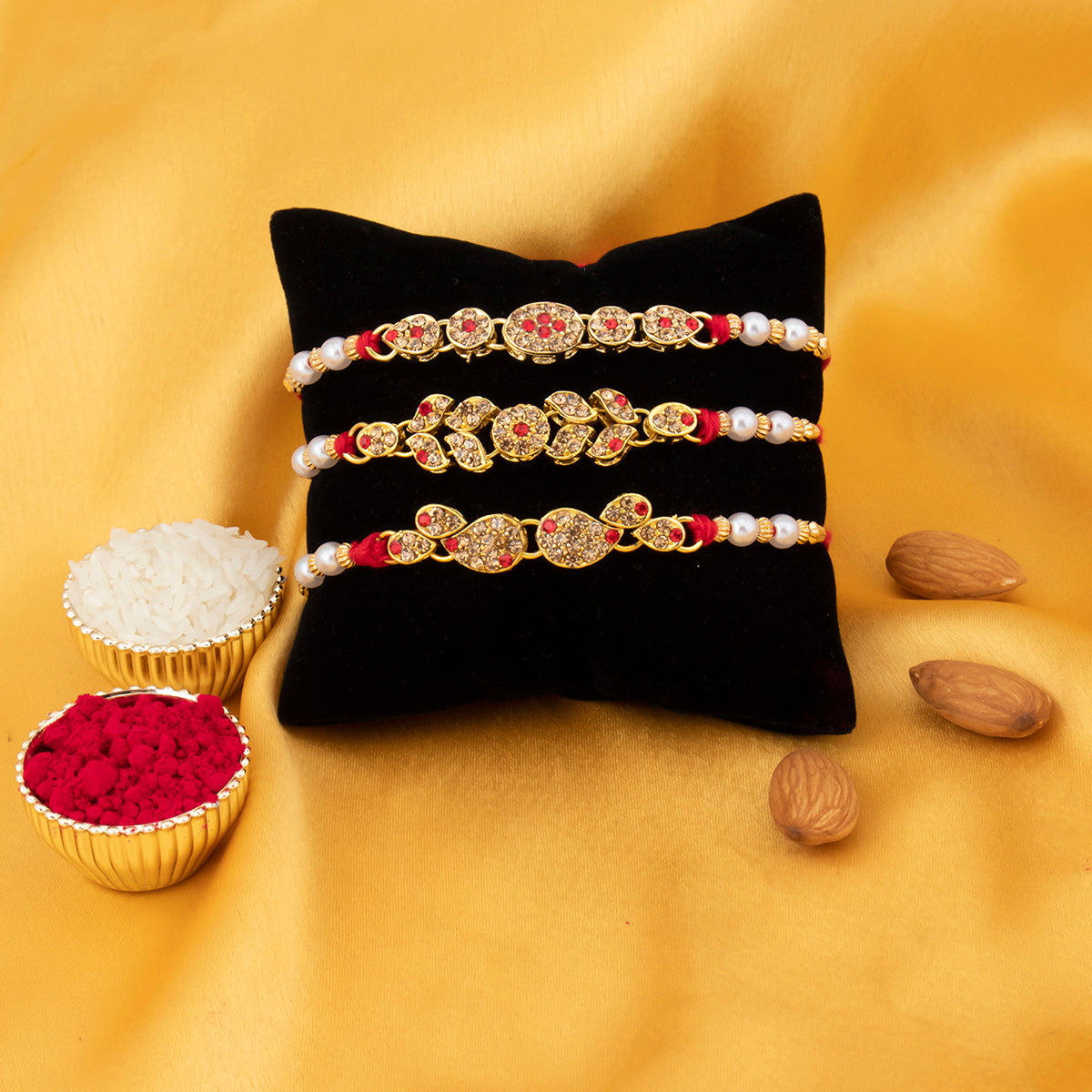 Sukkhi Spectacular Gold Plated LCT Stone Rakhi Combo (Set of 3) with Roli Chawal and Raksha Bandhan Greeting Card For Men
