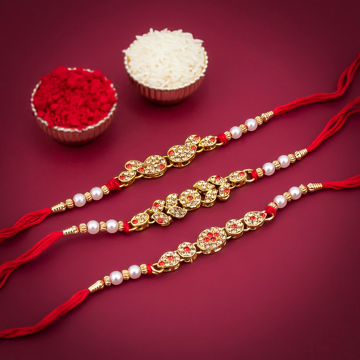 Sukkhi Spectacular Gold Plated LCT Stone Rakhi Combo (Set of 3) with Roli Chawal and Raksha Bandhan Greeting Card For Men
