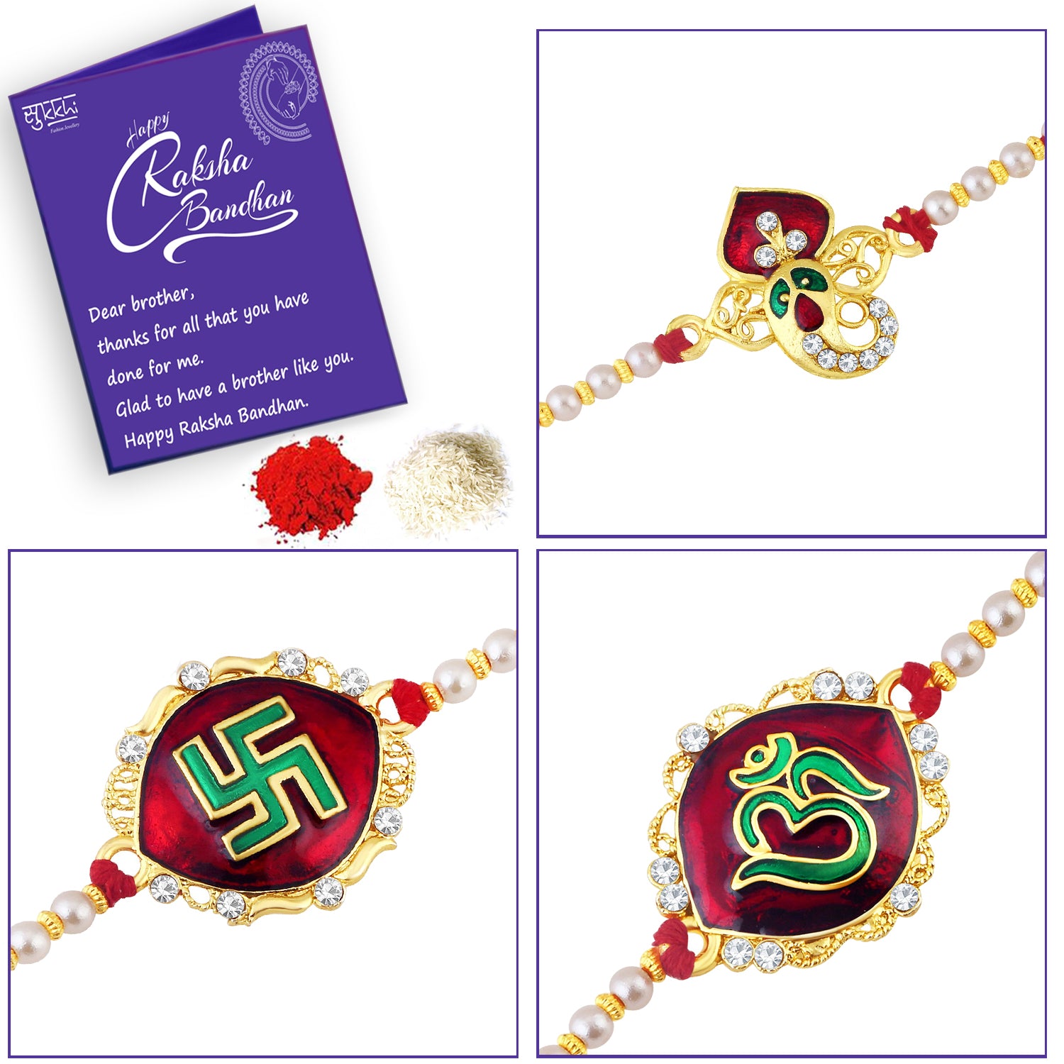 Sukkhi Fabulous Gold Plated Meenakari Ganesha Rakhi Combo (Set of 3) with Roli Chawal and Raksha Bandhan Greeting Card For Men