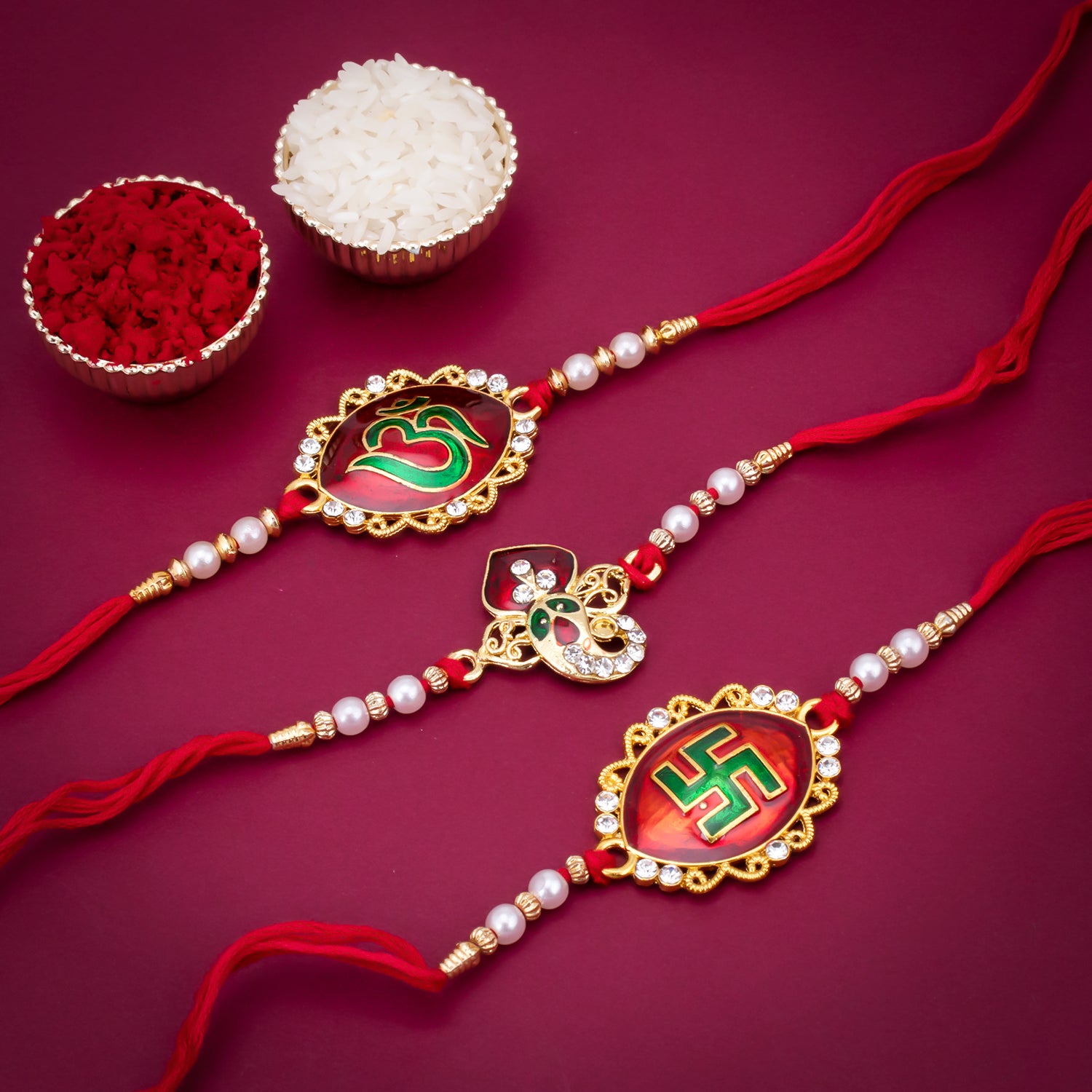 Sukkhi Fabulous Gold Plated Meenakari Ganesha Rakhi Combo (Set of 3) with Roli Chawal and Raksha Bandhan Greeting Card For Men