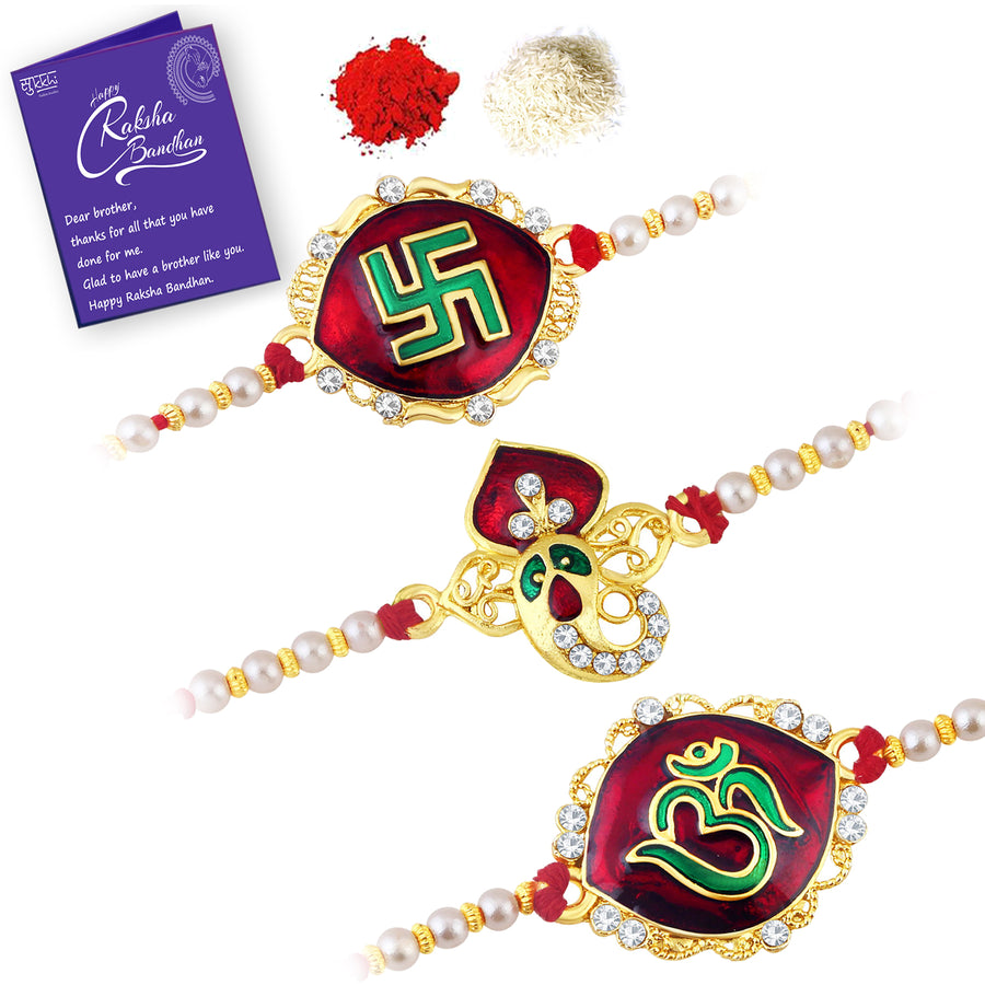 Sukkhi Fabulous Gold Plated Meenakari Ganesha Rakhi Combo (Set of 3) with Roli Chawal and Raksha Bandhan Greeting Card For Men