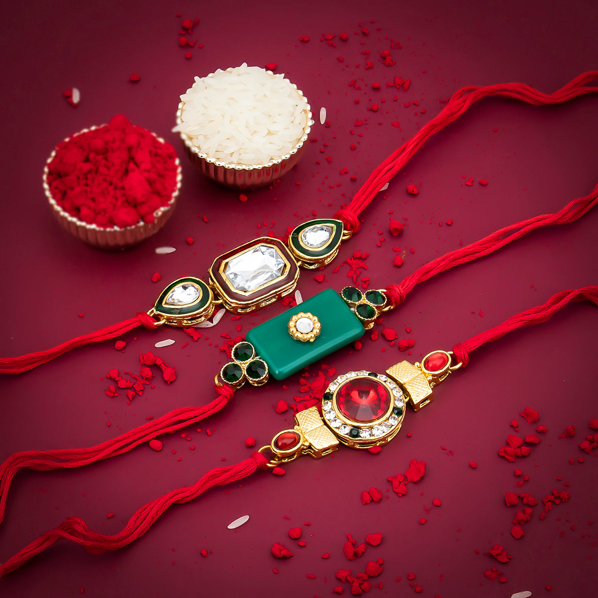 Sukkhi Glorious Gold Plated Austrian Diamond Rakhi Combo (Set of 3) with Roli Chawal and Raksha Bandhan Greeting Card For Men