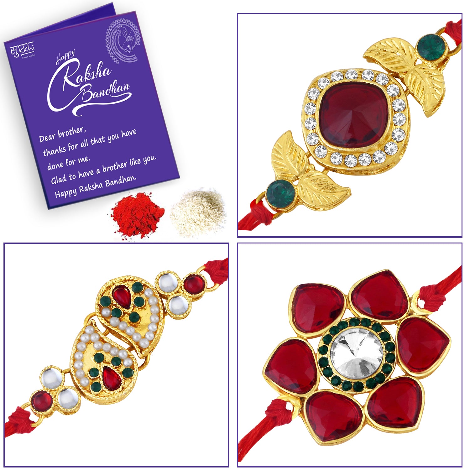 Sukkhi Splendid Gold Plated Pearl Rakhi Combo (Set of 3) with Roli Chawal and Raksha Bandhan Greeting Card For Men