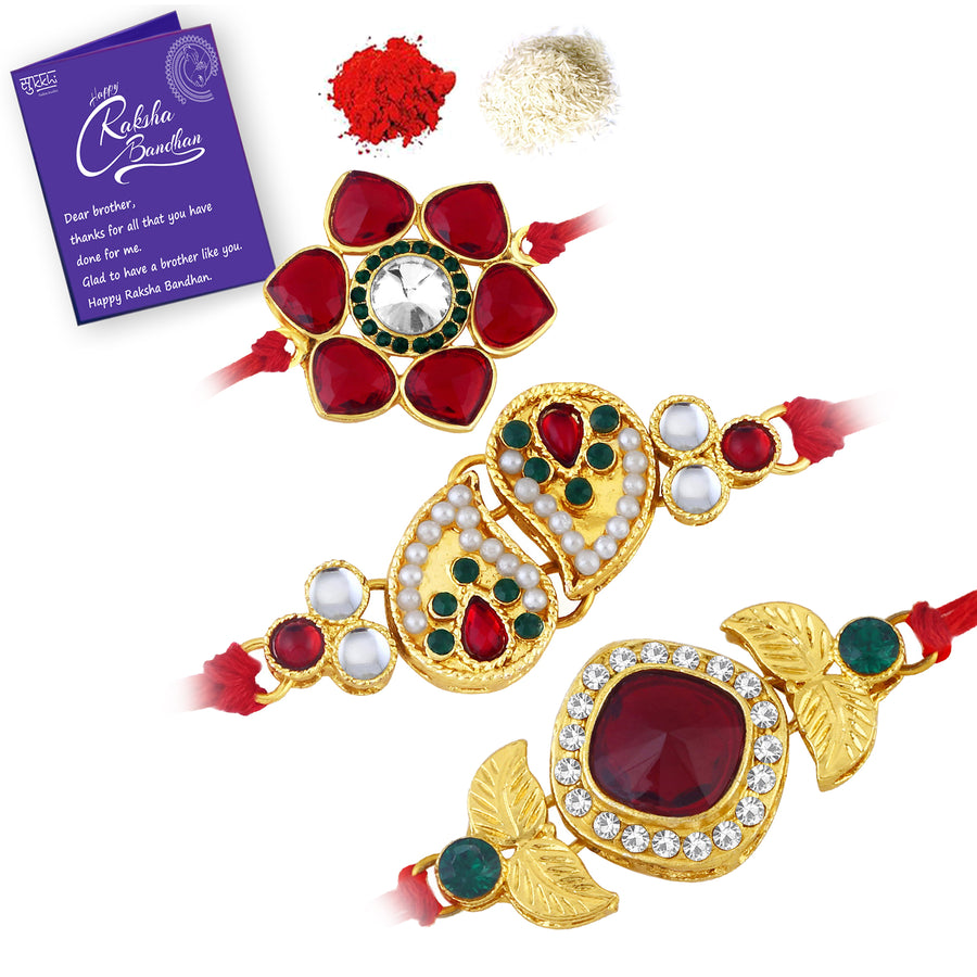 Sukkhi Splendid Gold Plated Pearl Rakhi Combo (Set of 3) with Roli Chawal and Raksha Bandhan Greeting Card For Men
