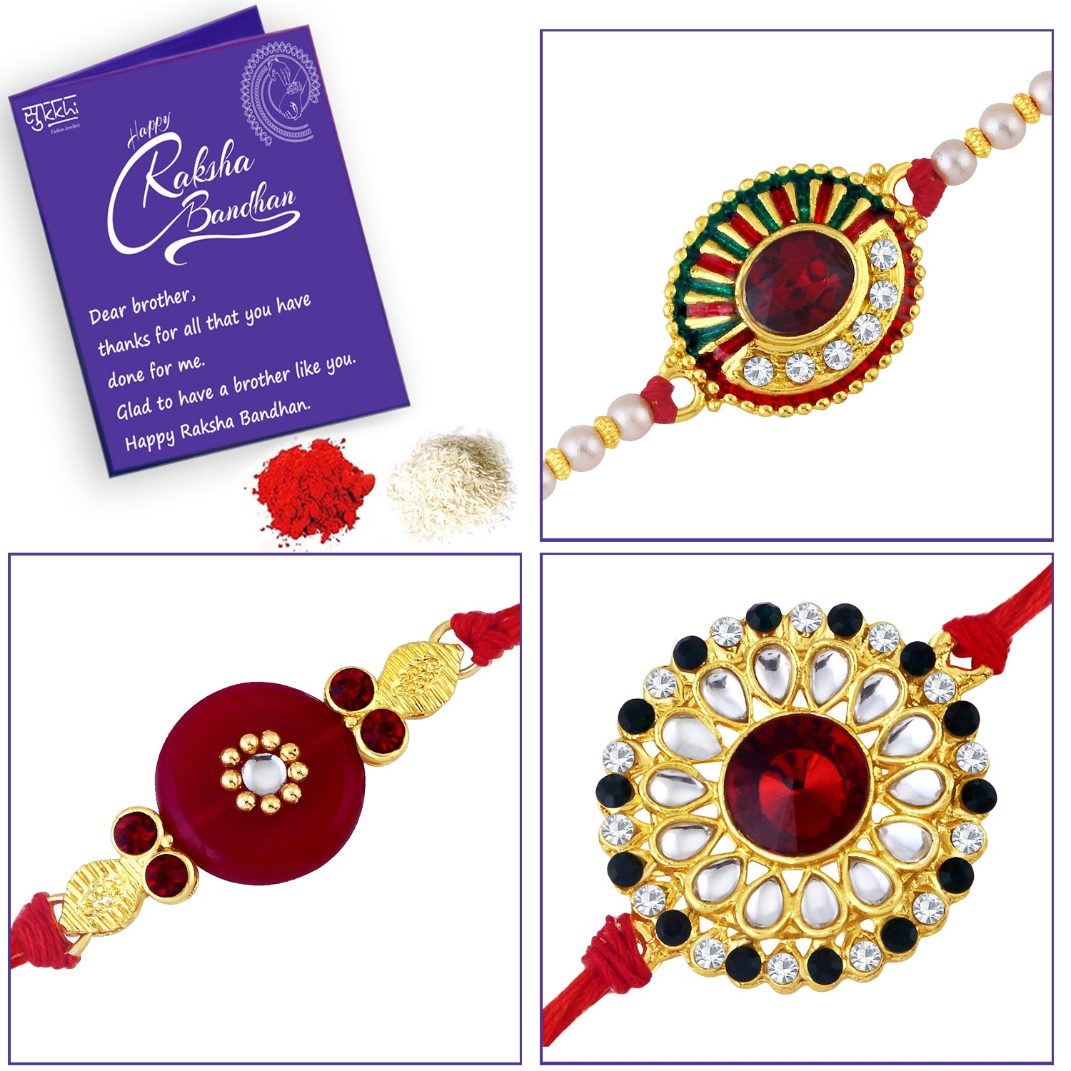 Sukkhi Traditional Gold Plated Kundan Meenakari Rakhi Combo (Set of 3) with Roli Chawal and Raksha Bandhan Greeting Card For Men