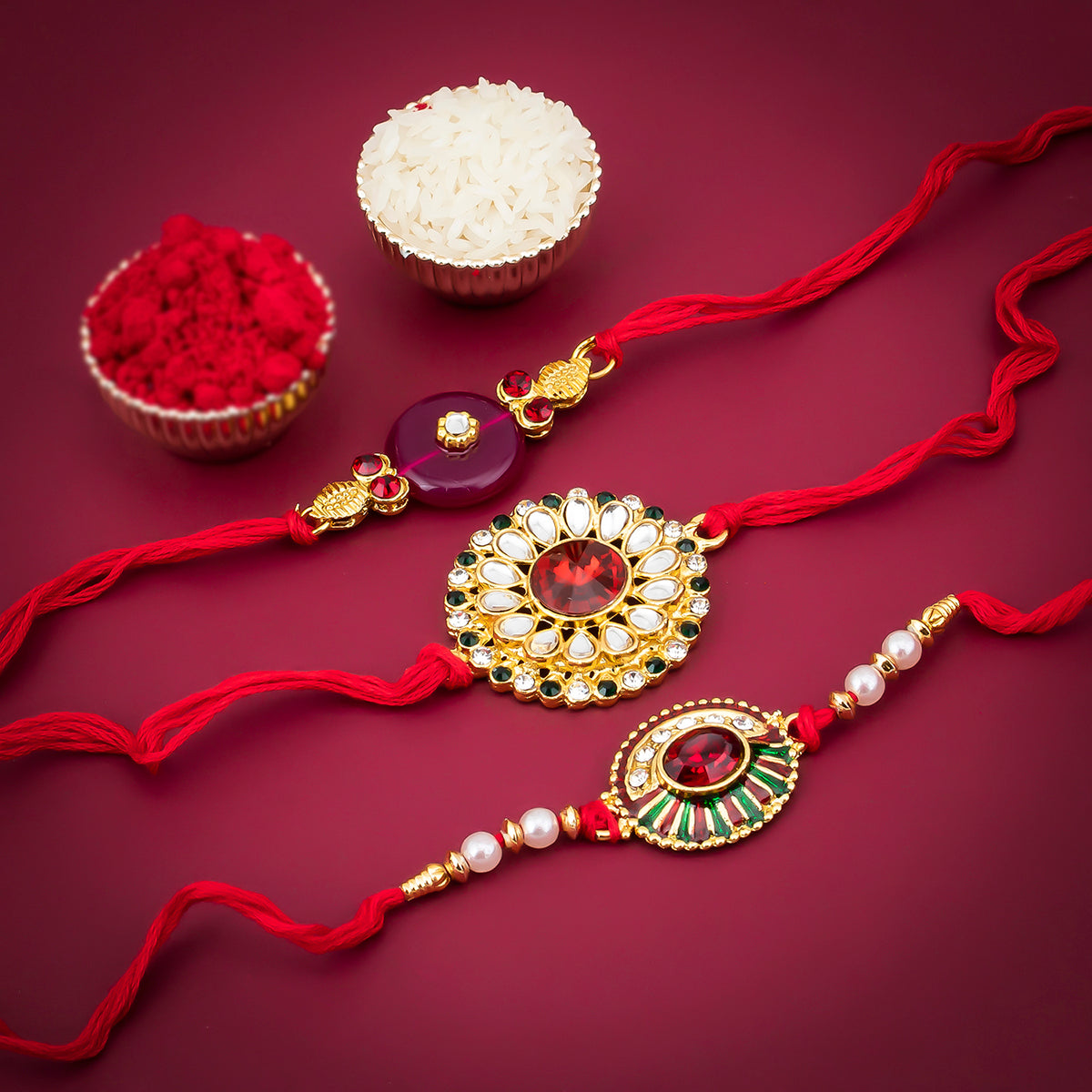 Sukkhi Traditional Gold Plated Kundan Meenakari Rakhi Combo (Set of 3) with Roli Chawal and Raksha Bandhan Greeting Card For Men