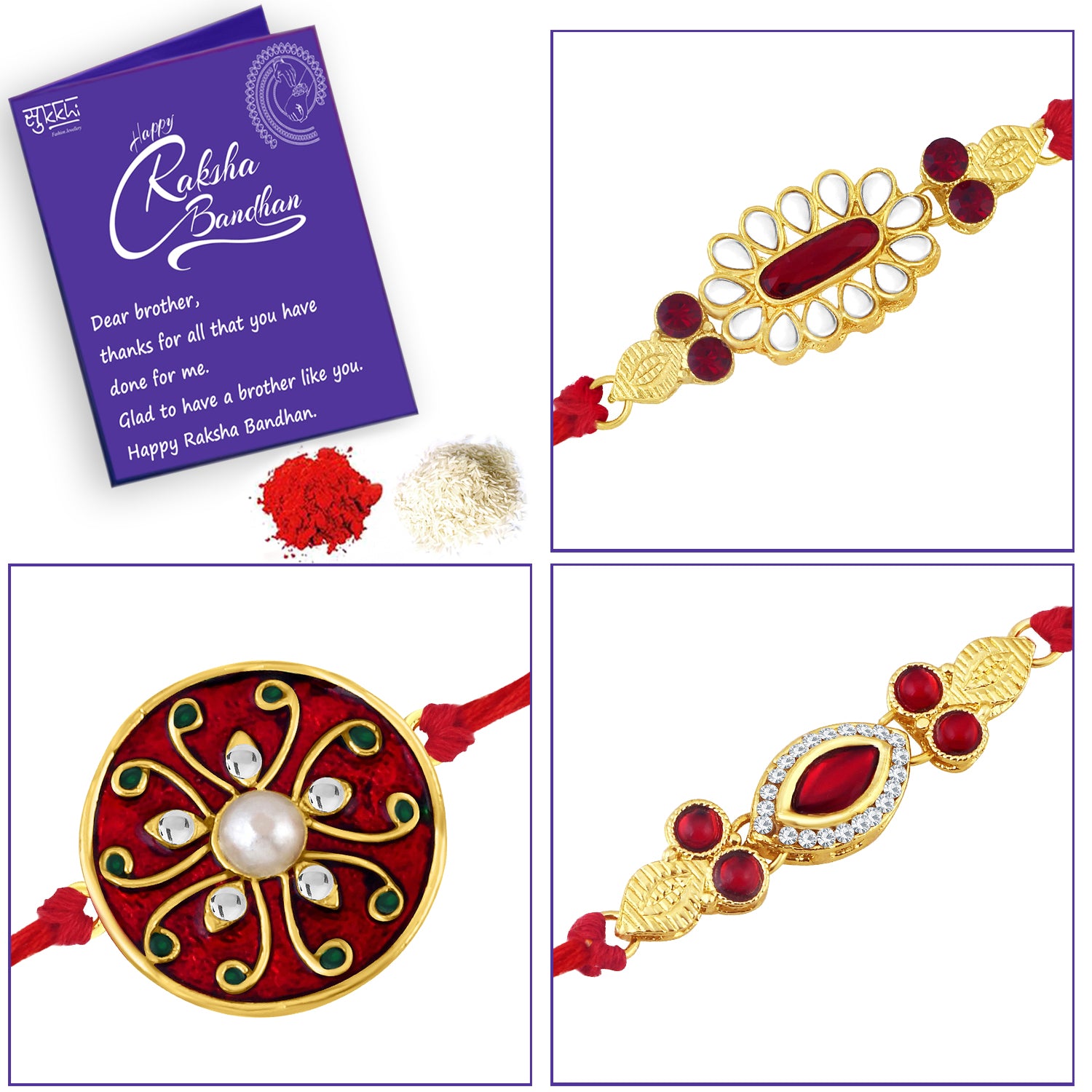 Sukkhi Eye-Catchy Gold Plated Kundan Meenakari Rakhi Combo (Set of 3) with Roli Chawal and Raksha Bandhan Greeting Card For Men