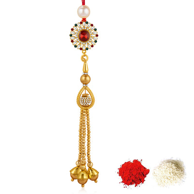 Sukkhi Marvelous Gold Plated Bhaiya Bhabhi Rakhi Lumba Set with Roli Chawal and Raksha Bandhan Greeting Card