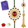 Sukkhi Marvelous Gold Plated Bhaiya Bhabhi Rakhi Lumba Set with Roli Chawal and Raksha Bandhan Greeting Card