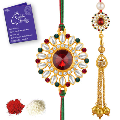 Sukkhi Marvelous Gold Plated Bhaiya Bhabhi Rakhi Lumba Set with Roli Chawal and Raksha Bandhan Greeting Card