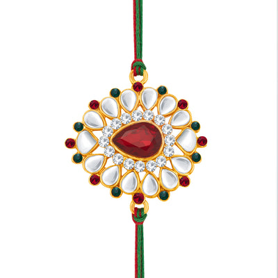 Sukkhi Traditional Gold Plated Bhaiya Bhabhi Rakhi Lumba Set with Roli Chawal and Raksha Bandhan Greeting Card