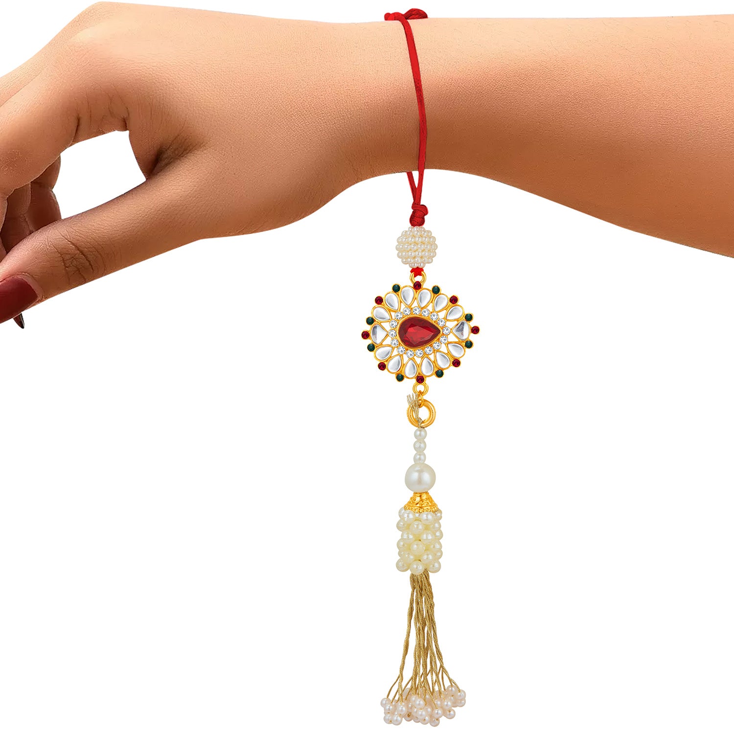 Sukkhi Traditional Gold Plated Bhaiya Bhabhi Rakhi Lumba Set with Roli Chawal and Raksha Bandhan Greeting Card