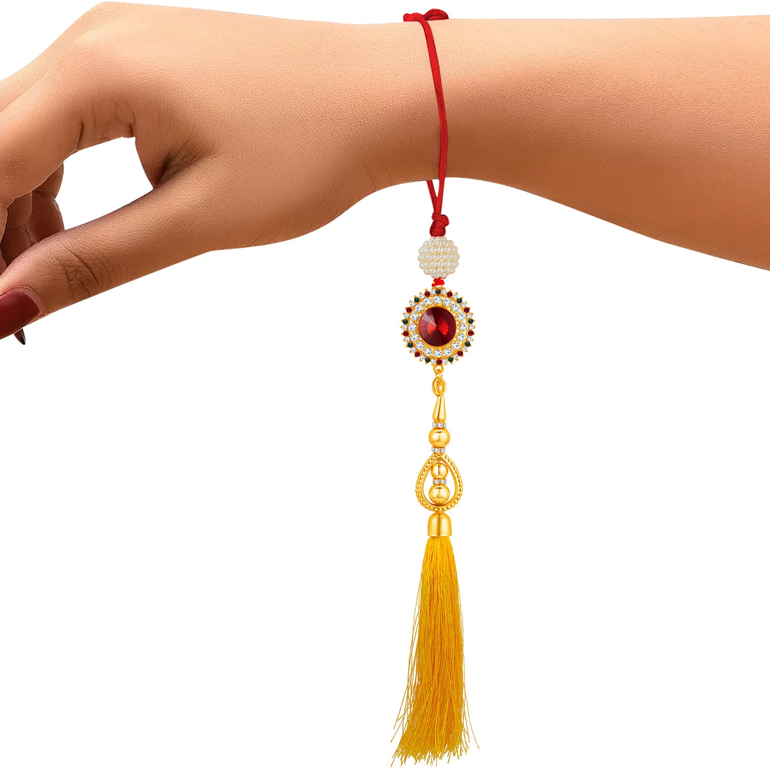 Sukkhi Skparkling Gold Plated Bhaiya Bhabhi Rakhi Lumba Set with Roli Chawal and Raksha Bandhan Greeting Card