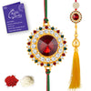 Sukkhi Skparkling Gold Plated Bhaiya Bhabhi Rakhi Lumba Set with Roli Chawal and Raksha Bandhan Greeting Card