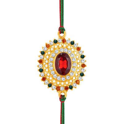 Sukkhi Elegant Gold Plated Bhaiya Bhabhi Rakhi Lumba Set with Roli Chawal and Raksha Bandhan Greeting Card