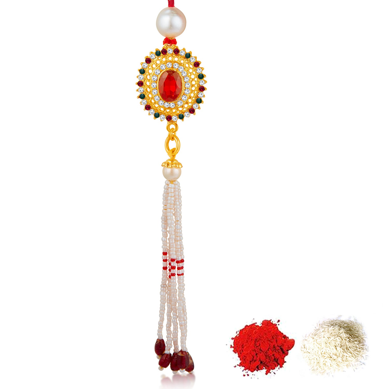 Sukkhi Elegant Gold Plated Bhaiya Bhabhi Rakhi Lumba Set with Roli Chawal and Raksha Bandhan Greeting Card