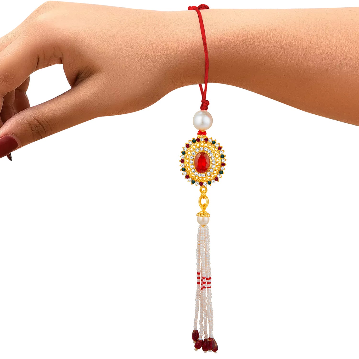 Sukkhi Elegant Gold Plated Bhaiya Bhabhi Rakhi Lumba Set with Roli Chawal and Raksha Bandhan Greeting Card